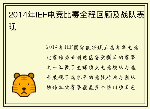 2014年IEF电竞比赛全程回顾及战队表现